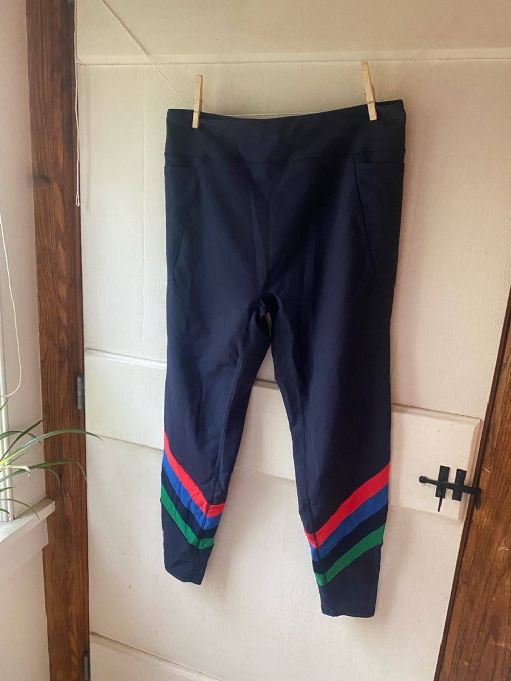 Boden Navy Leggings with Red, Blue & Green Stripes